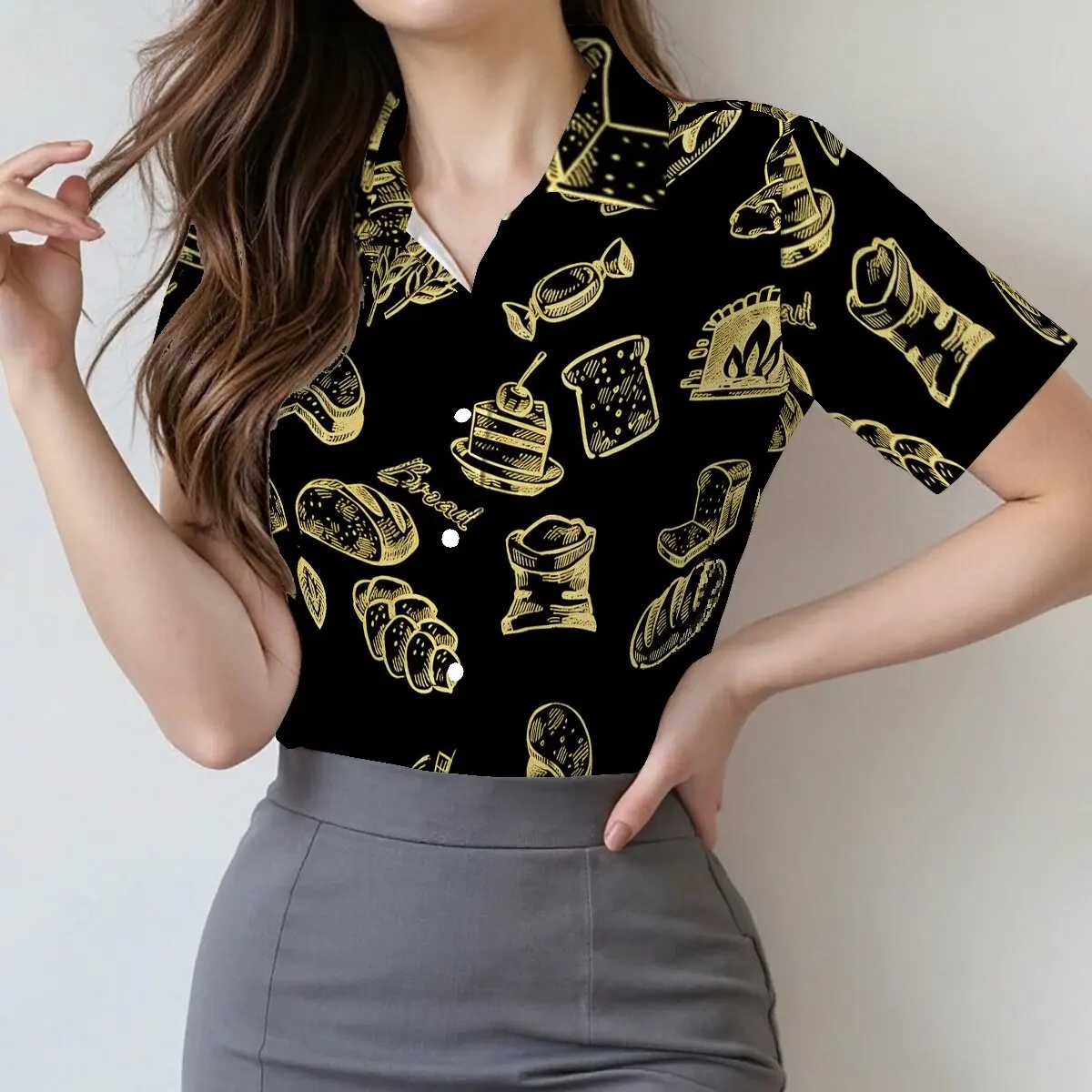 

Women's summer single-breasted shirt with creative food prints, trendy lifestyle, retro and casual style, suitable for business