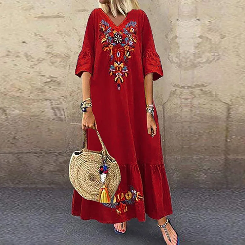 

2022 Summer Women Plus Size 5xl Sexy V-neck Long Maxi Dress Elegant Print Linen Boho Vestidos Robe White Female Loose Dresses