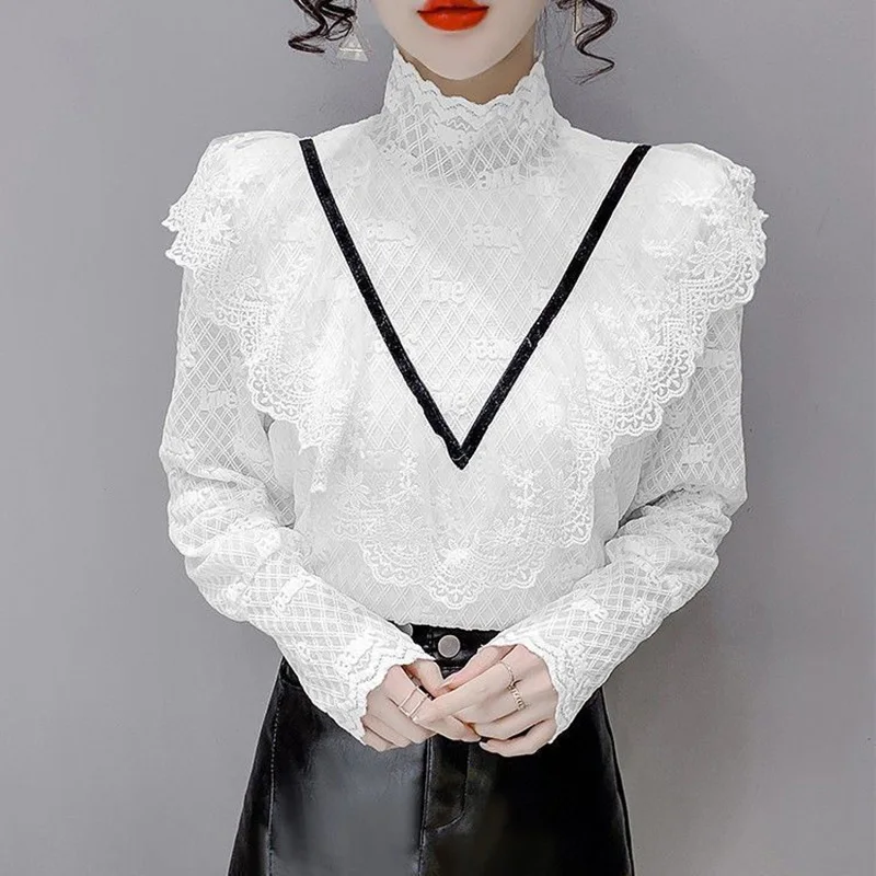 Fashion Gauze Lace Letter Ruffles Blouses Female Clothing 2023 Autumn Winter New Loose Elegant Pullovers Office Lady Shirts