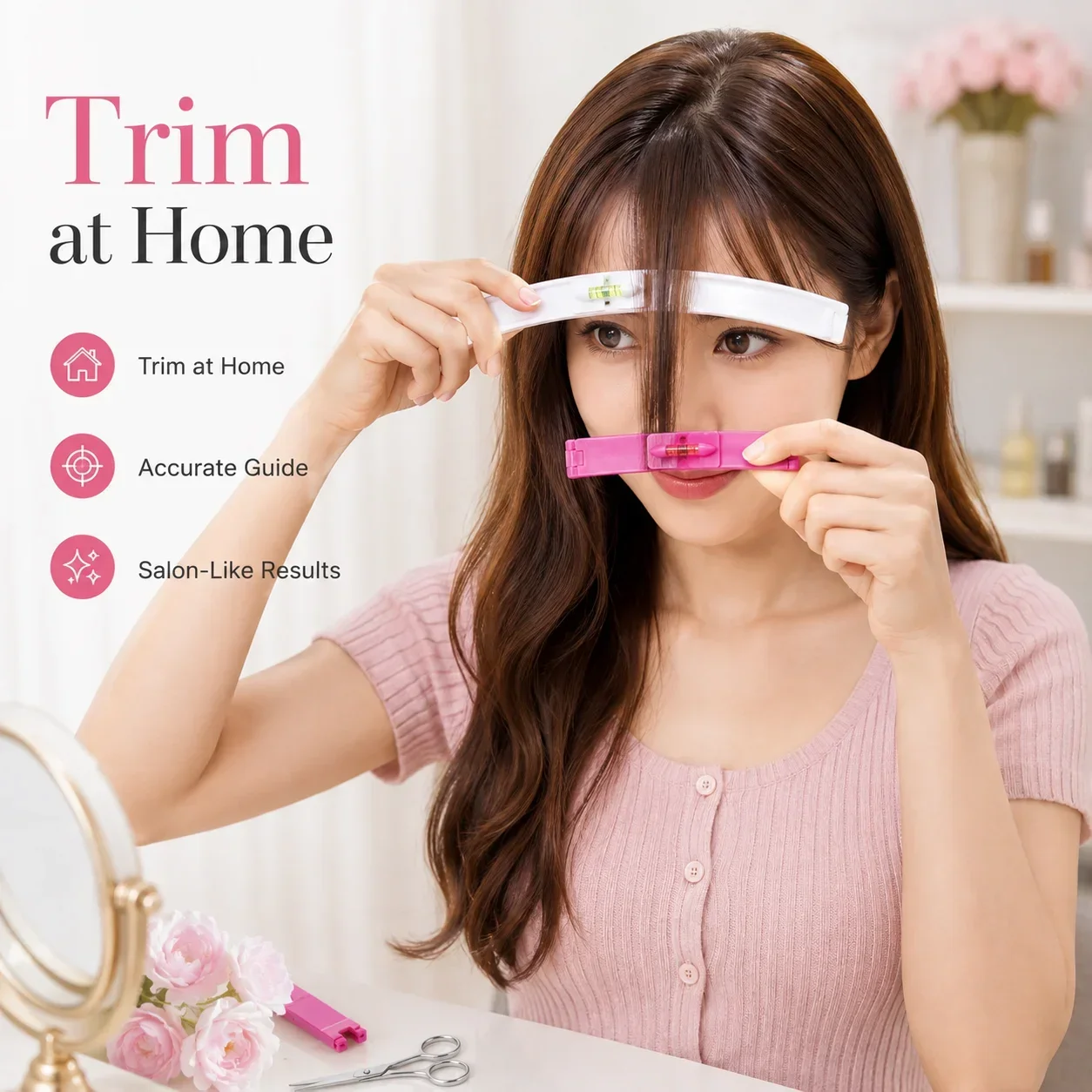 Cute Hair Trimming Guide Comb with Level and Clips, DIY Fringe Cutting Kit for Home Beaut