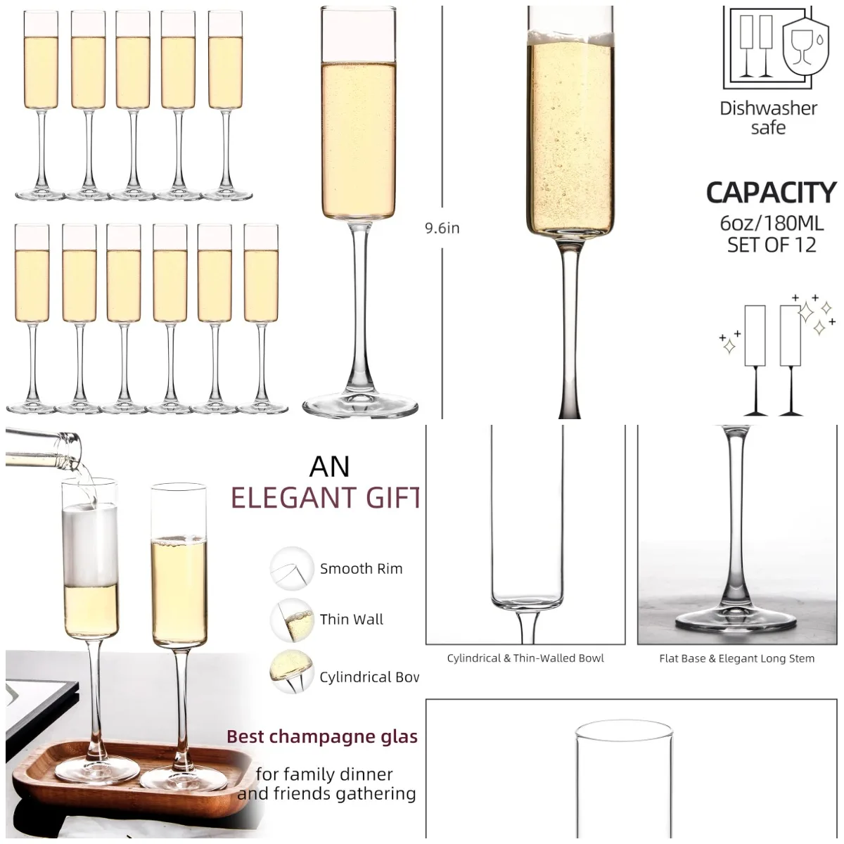 

Набор из 12 квадратных бокалов для шампанского, емкостью 6 унций, кристально прозрачное стекло премиум-класса.