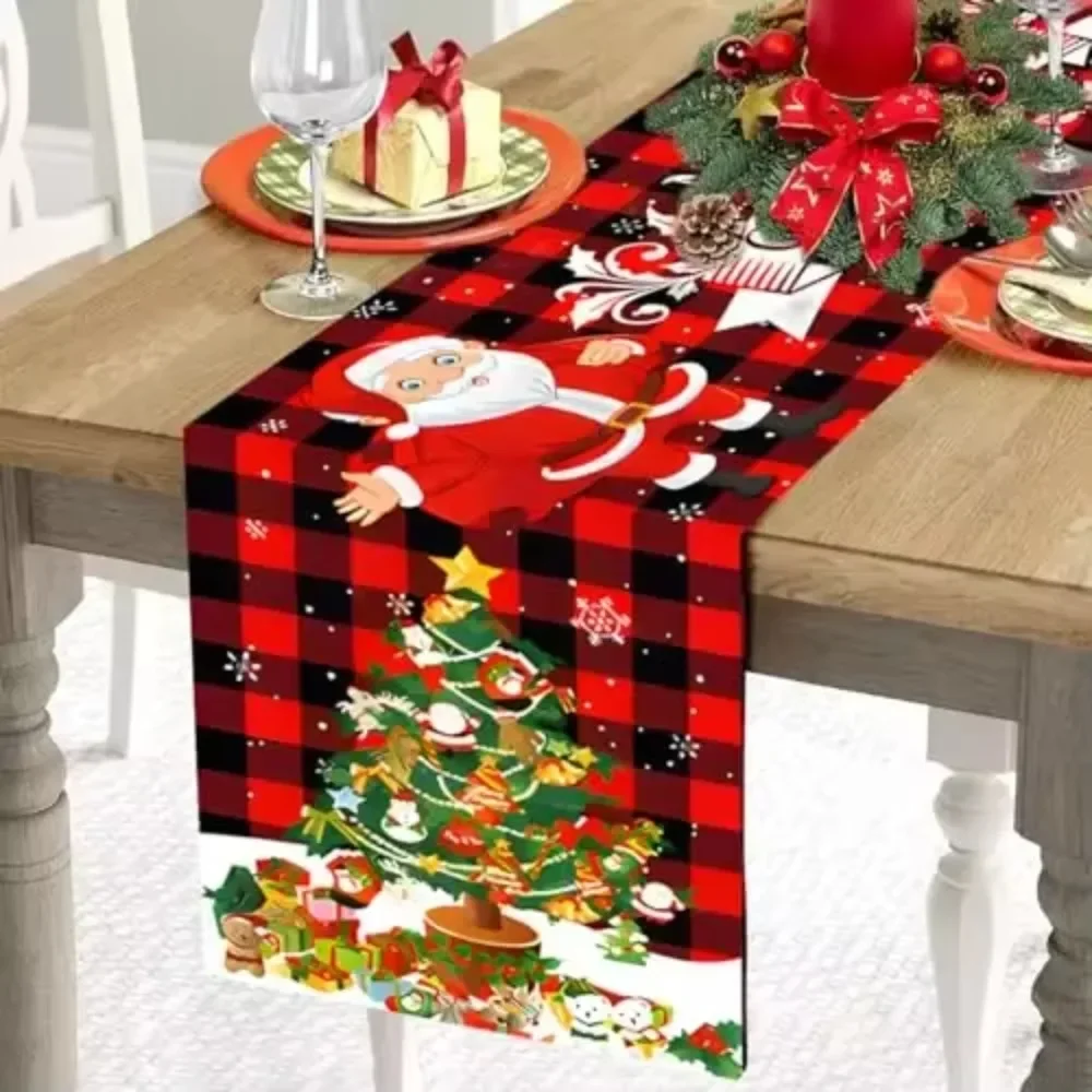 Christmas Table Runner Santa Claus Printed Cloth Polyester Long Placemat Buffalo Plaid Checkered Holiday Party Dinner Decor