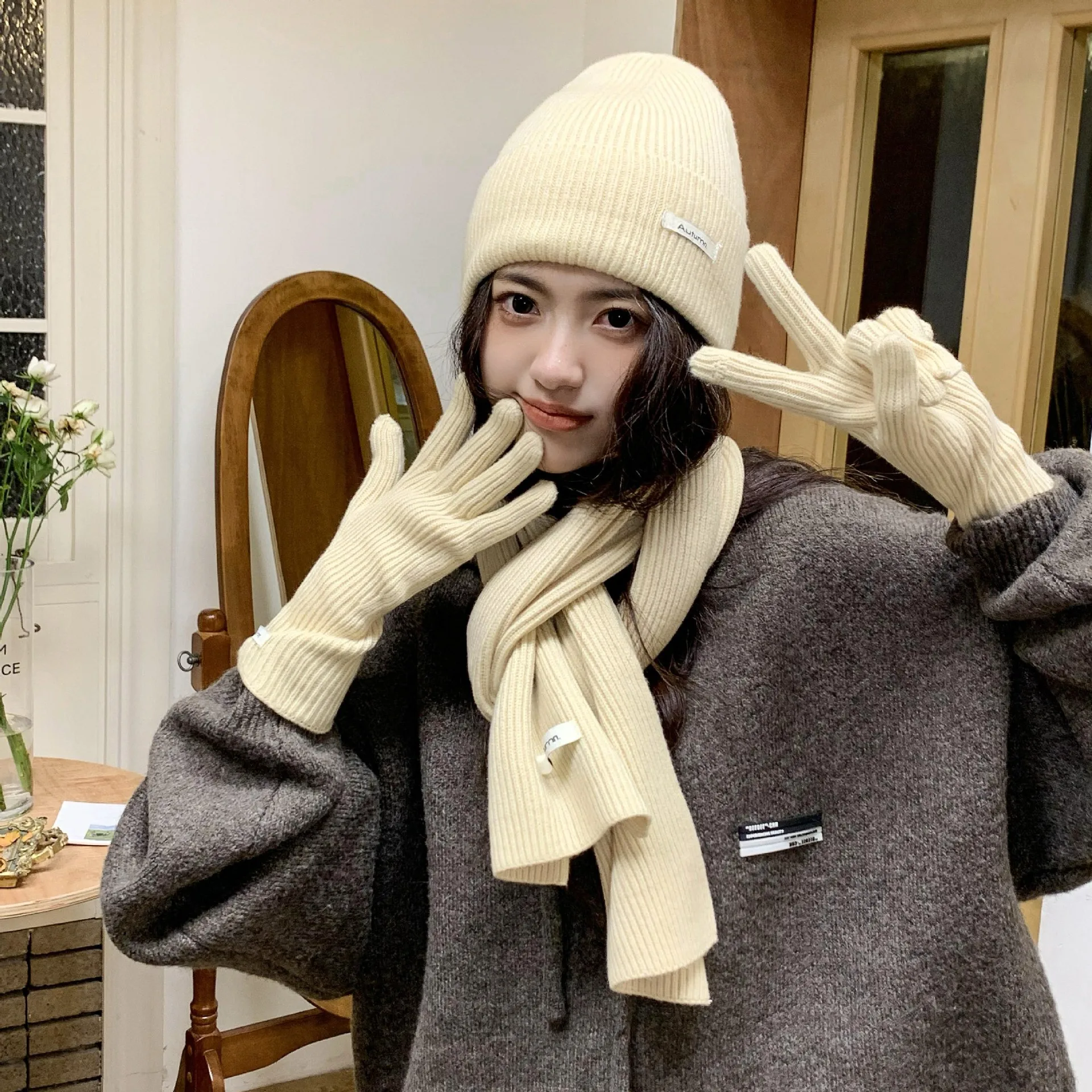 Touch Screen Gloves Women's Glove Sets Fashion Hats Warm Knitted Hat Autumn Winter Three-piece Set Scarves Gloves Women