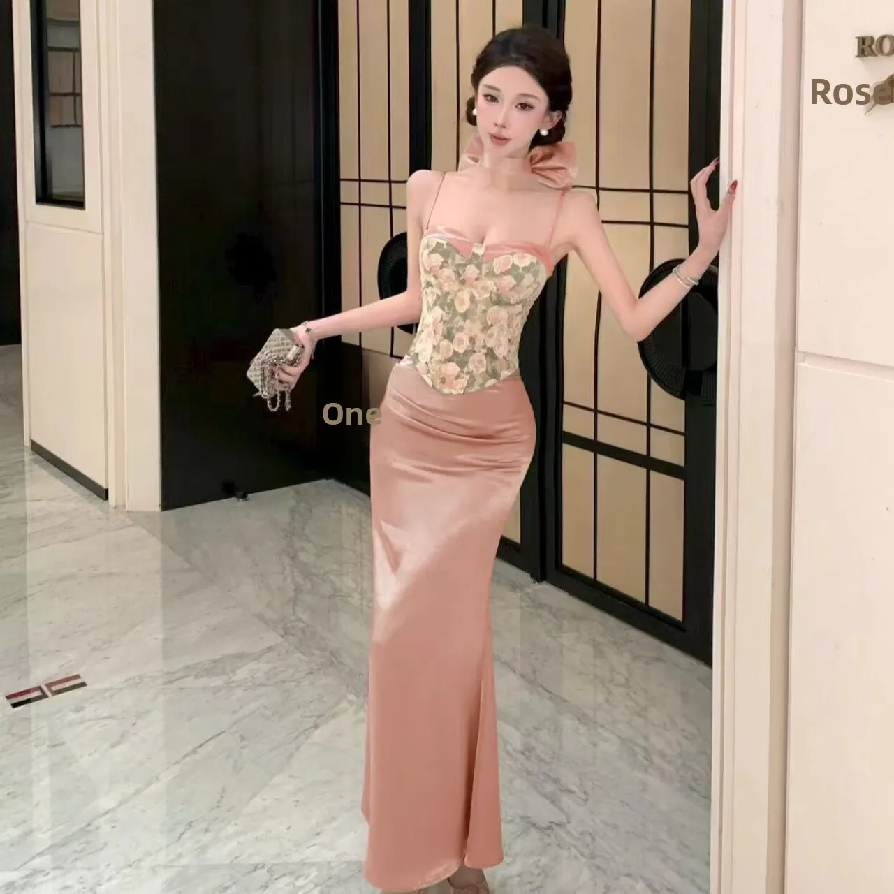 

Pink Satin Fish Tail Skirt Bodycon Half Body Long High-End Slimming Two-Piece Set Women's Fashion Ensemble Breathable Zipper