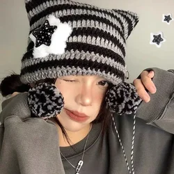 Little Devil Knitted Beanie Hat Women Punk Girls Y2K Star Skullies Striped Wool Cap Sweet Cat Ears Warmer Bonnet Streetwear