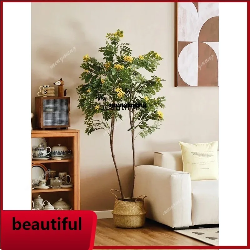 Artificial Plant Decoration Yellow Locust Flower Fake Trees Indoor Living Room Floor Soft Decoration Matching Bonsai GreenN