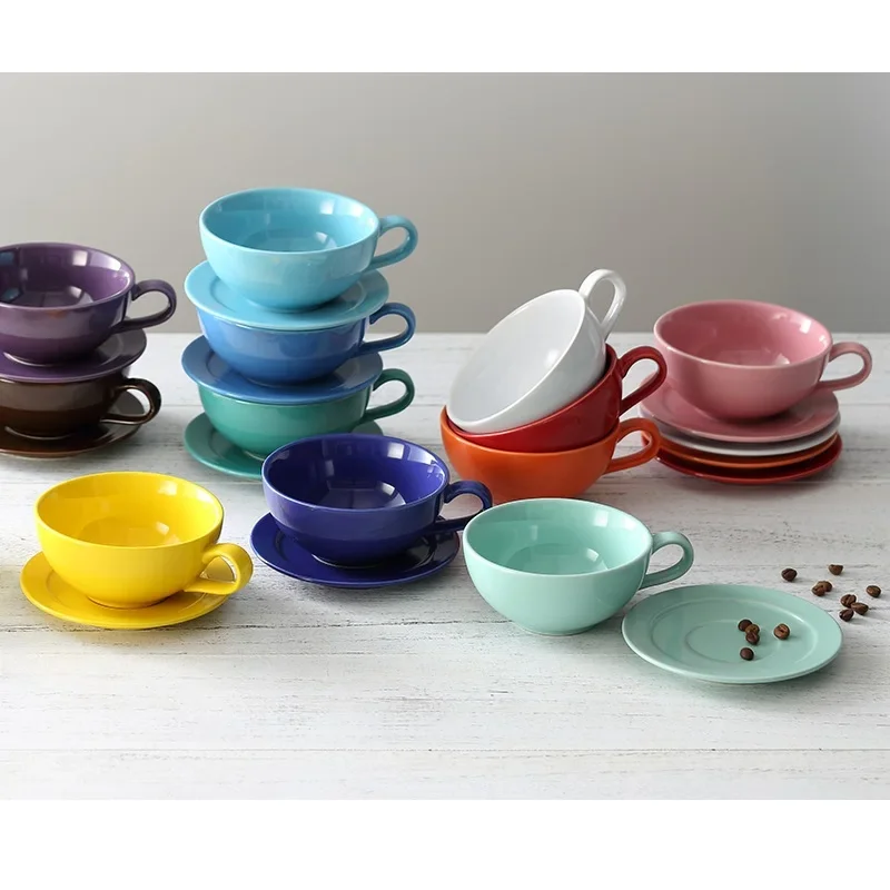 New Design Colourful Coffee Set Coffee Cup and Saucer Underglazed Procelain Low Cappuccino Latte Cup 250ml