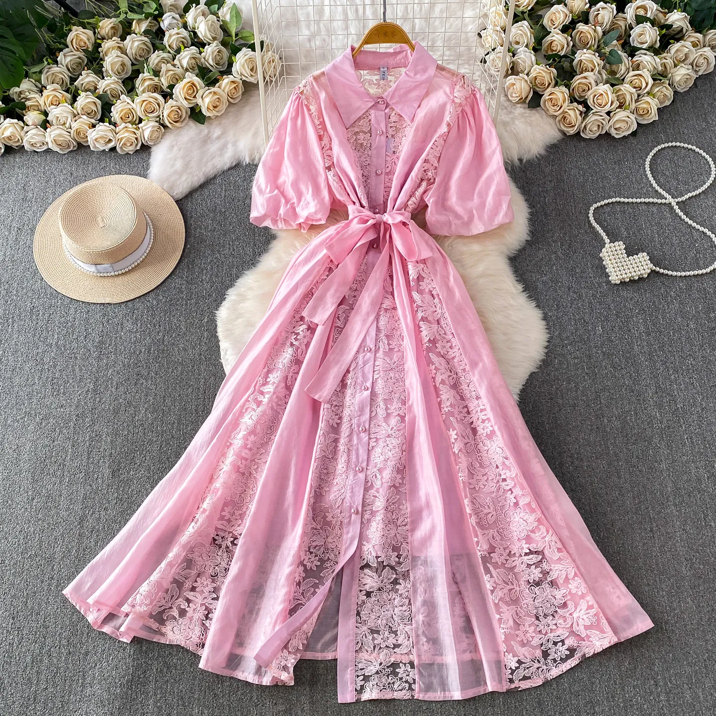 Robe Longue éLéGante Pour Femme Avec Col à Revers, Manches Courtes Bouffantes, Patchwork De Dentelle Florale, Ceinture à Nouer à La Taille, Style Vintage Pour FêTes Et Mariages-image