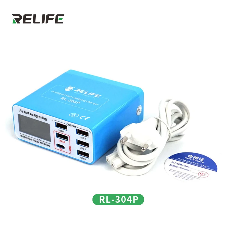 RELIFE RL‑304P Smart Digital 6‑Port Charger, PD3.0 QC3.0 3A Fast Charging Smart Current Distribution Multi‑Device Charger
