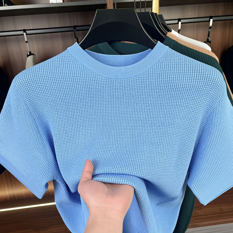 

Summer Knitted T-shirt for Men, Collarless Waffle Short Sleeve, Solid Color, Thin, Loose, Breathable, Simple Flat Shirt