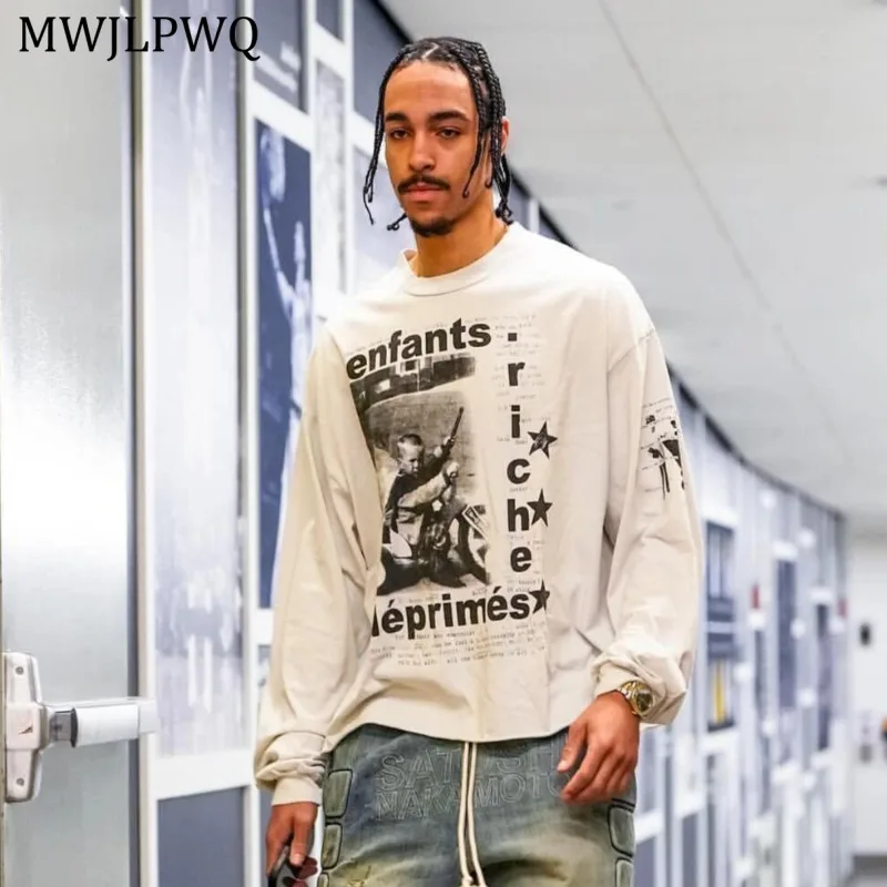 

MWJLPWQ мужские хлопковые футболки с буквенным принтом High Street, повседневные свободные топы с круглым воротником в американском стиле, модные топы для пар, осень 2023, 11203