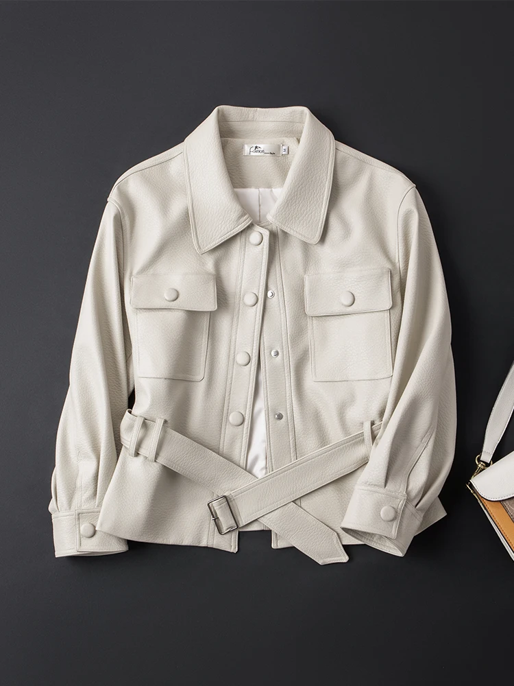 

Стильная кожаная куртка в ретро-стиле с поясом, модное женское пальто из натуральной овчины, с длинными рукавами, повседневная верхняя одежда свободного кроя