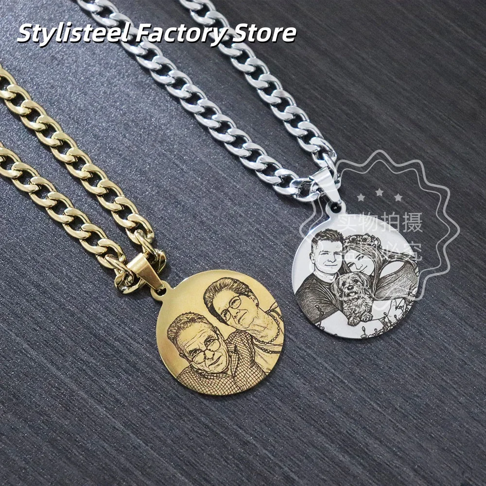 25mm Custom Photo Portrait Pendant Necklace Stainless Steel Laser Engraved Picture Chain Personalized Necklace Memory Gift