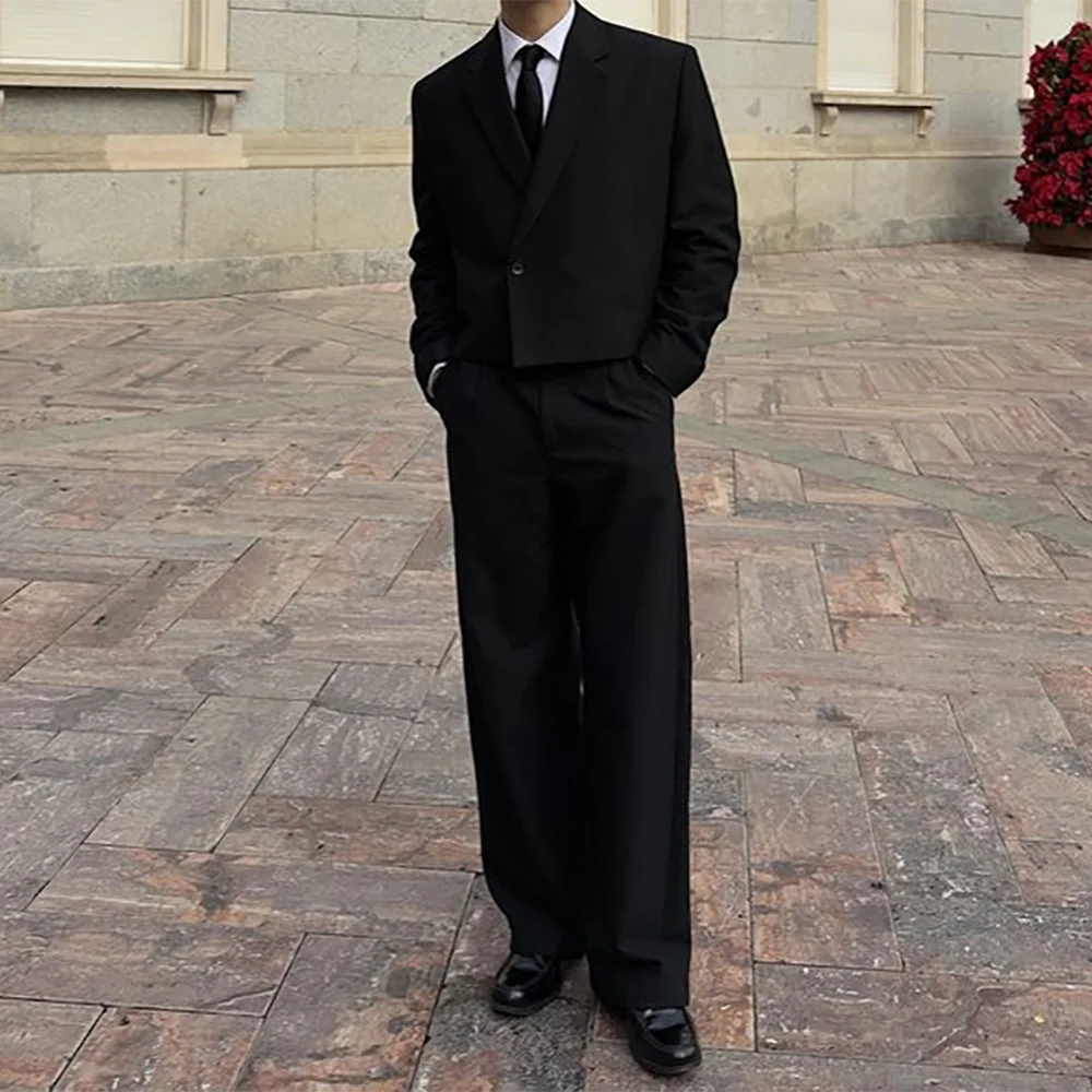 Black Notch Lapel Men's Suit Stylish Single Button Cropped Blazer Straight Leg Pants Business Casual Prom Custom Made Outfit