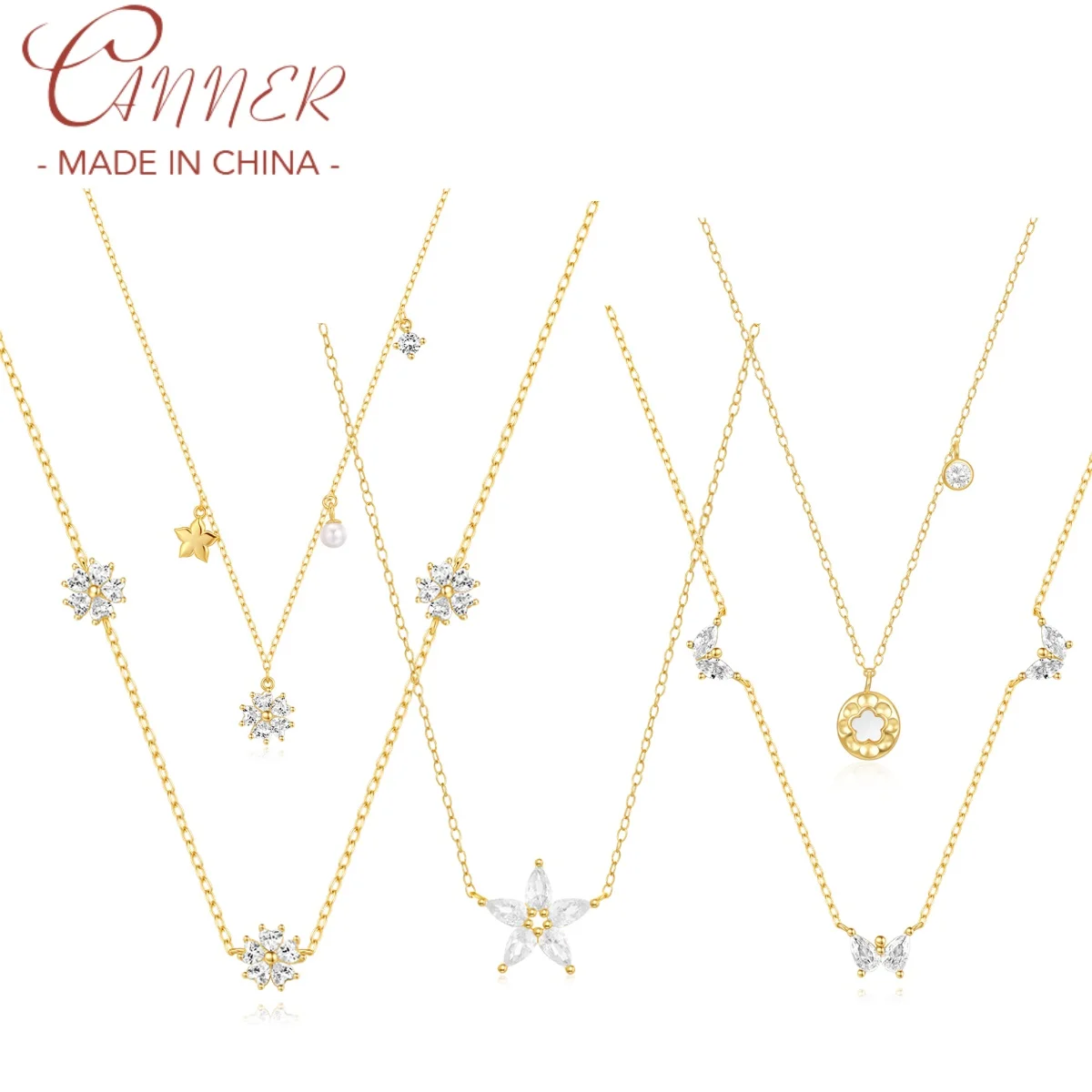 

CANNER 925 Silver Water Drop Butterfly Eight Pointed Star Five Petal Flower Necklace For Women 18K Gold Ins Fine Jewelry Gift