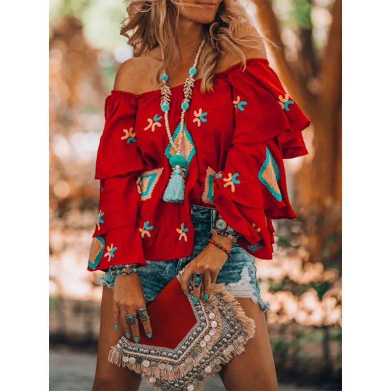 2024 Summer New Bohemian Style Long-sleeved Shirt for Women New Autumn Red Casual Ladies Top