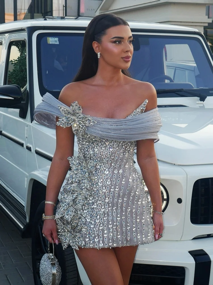 

Luxury Off-Shoulder Silver Sequin Dress with Floral Embellishments – Elegant Evening Cocktail Party Wedding Gown Vestidos