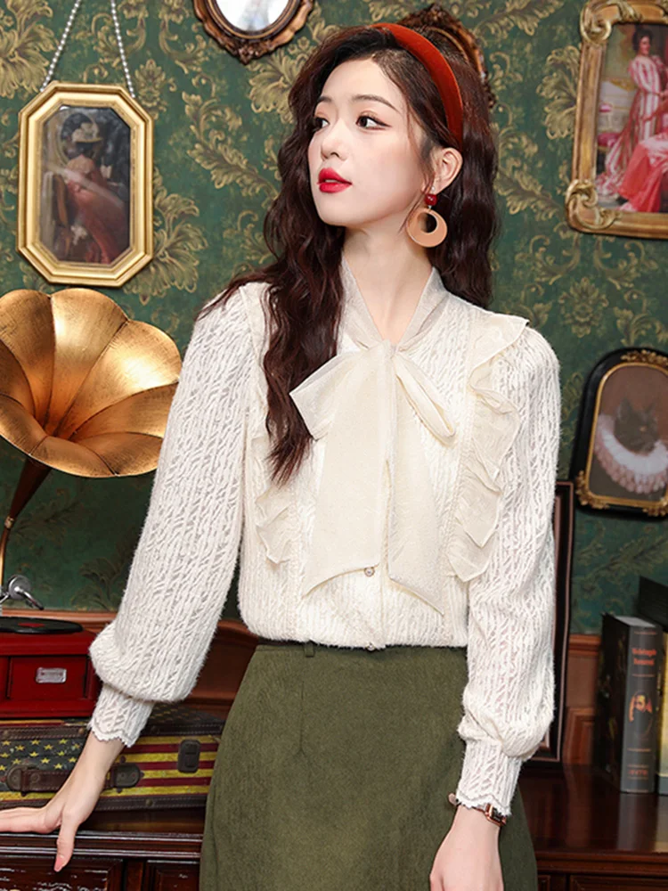 

Ele V-Ne Long Sve Women's irt Spring Faion 2026 Knot Chiffon Top Ladylike Commute Sle Loose Fit