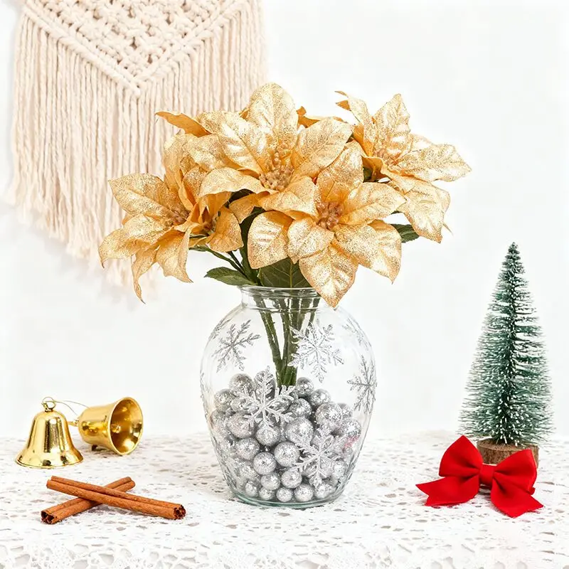 1/3 قطعة زينة عيد الميلاد الذهبي الزهور الاصطناعية البونسيتة الزهور وهمية للمنزل في الهواء الطلق شجرة عيد الميلاد السنة الجديدة DIY بها بنفسك الديكور #3