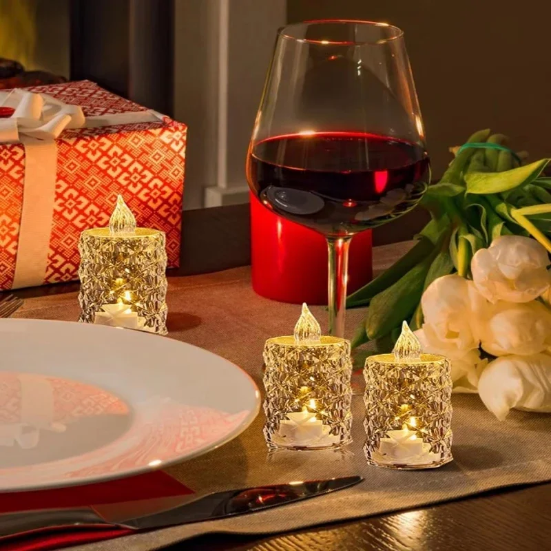 3 unids/set de luz de vela sin llama de cristal, luz de té electrónica Led sin fuego, vela de cristal transparente electrónica sin llama