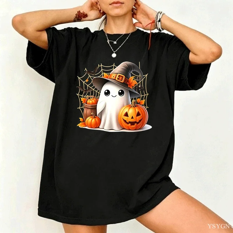 Cute Halloween Ghost Witch Hat Pumpkin Bat Spider Web Art Print Graphic Ladies T Shirt Short Sleeve Crew Neck Casual Tee Tops