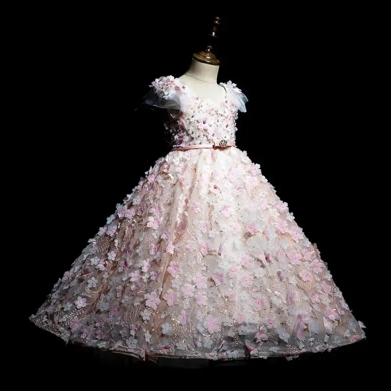 Maßgeschneidertes Blumenmädchenkleid Hochzeitskleid Geburtstagsfeier Festkleid 3D Blumenbesticktes Perlen-Tüll-Ballkleid für Mädchen