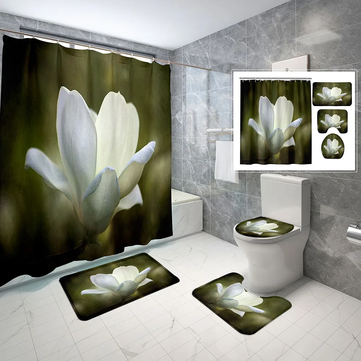 4 Pcs Magnolia Shower Curtain Sets with Toilet Lid Cover and Non-slip Bath Mat Spring Blossom Waterproof Shower Curtain Set