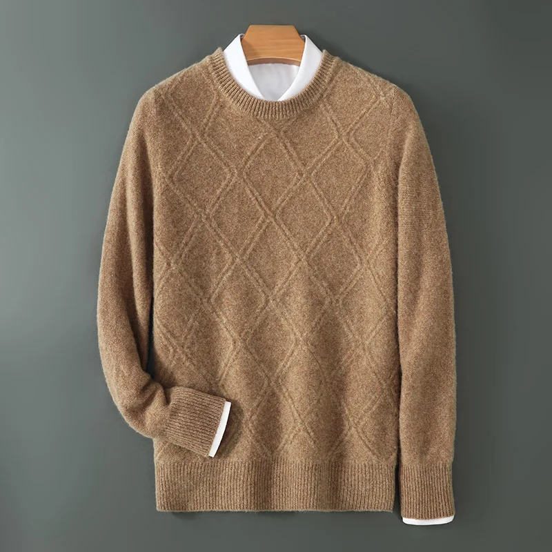 100% pure wool men's round neck thick diamond sweater business leisure new bottoming cashmere sweater in autumn and winter.