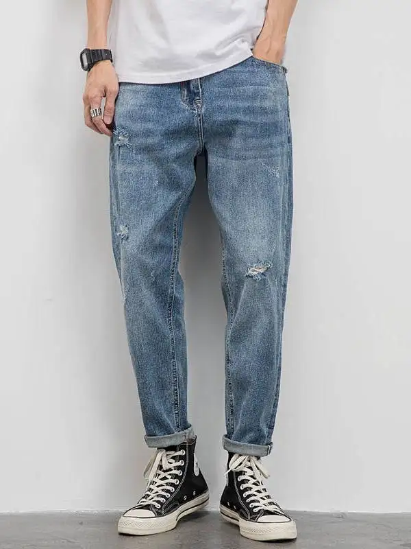 

Мужские повседневные джинсы свободного кроя Light Wa, прямые, с дырками, эластичные, молодежные, летние, длинные брюки, штаны-харлан