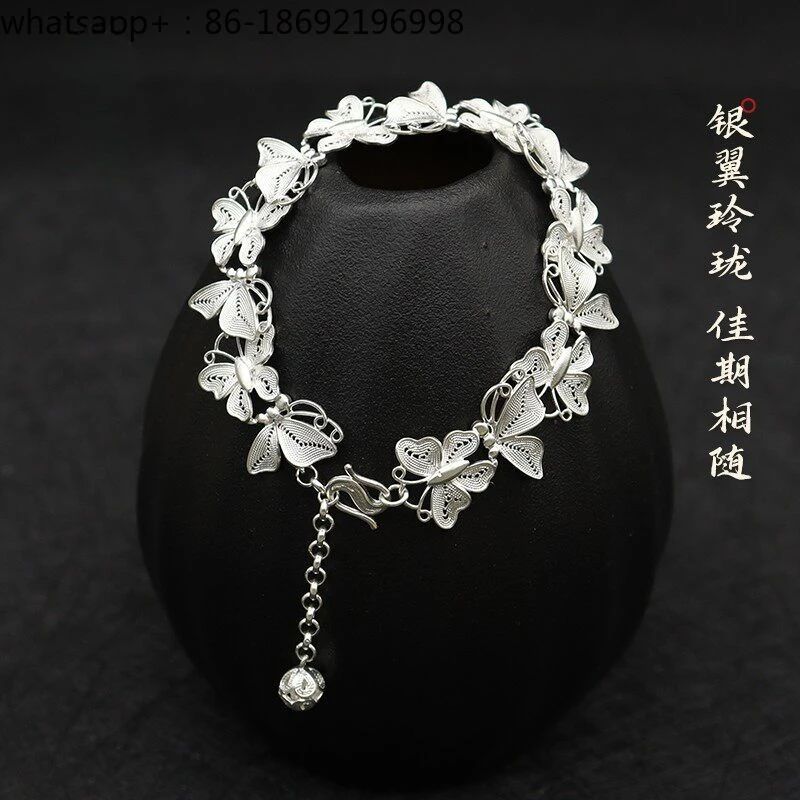 Double Butterfly, Foot Silver New Butterfly Bracelet, Sterling Silver Intangible Cultural Heritage Filigree Hollow Silver