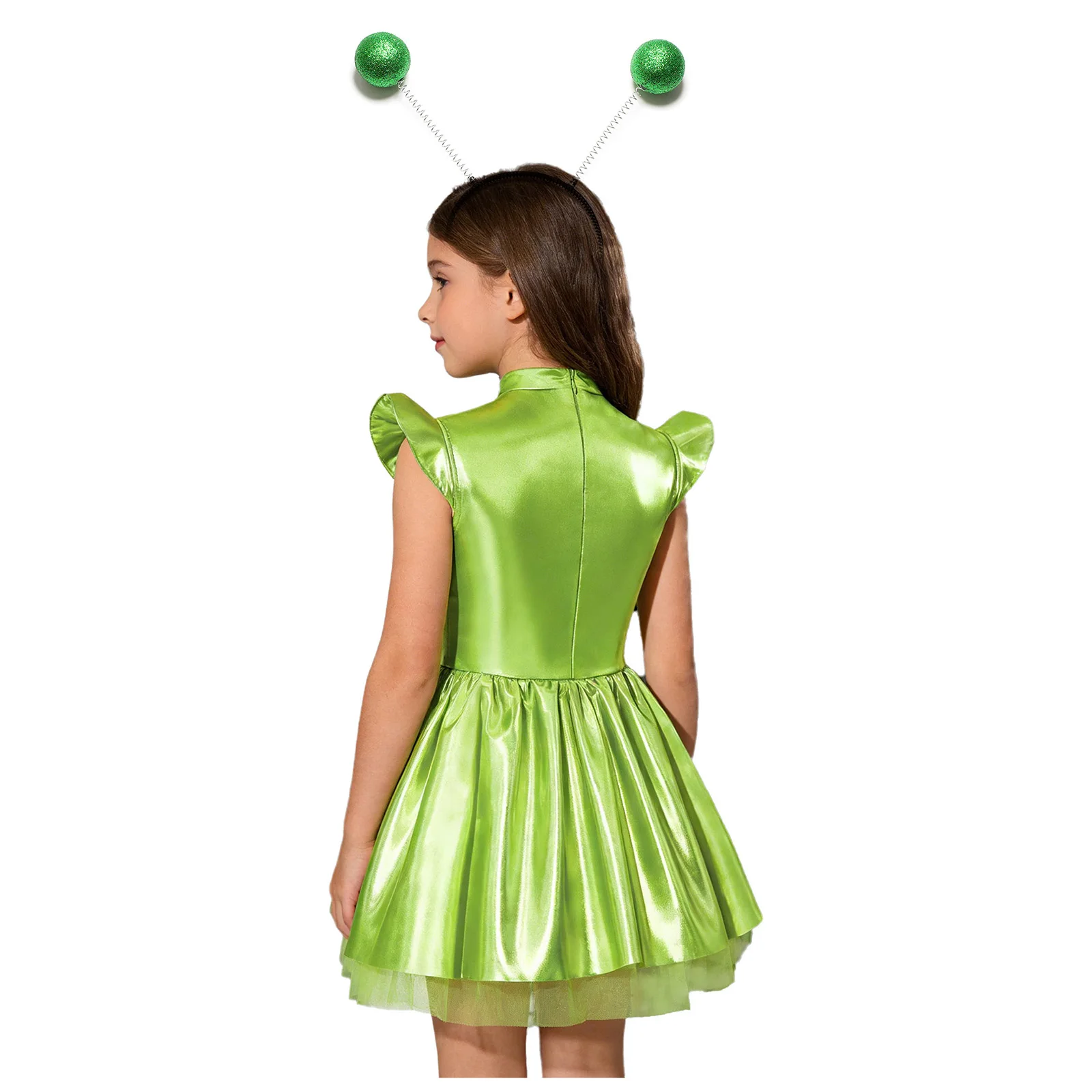 Kids Girl Halloween Space Alien Cosplay Costume Metallic Shiny Zipper Tutu Dress for Robot Astronaut Galaxy Warrior Role Play