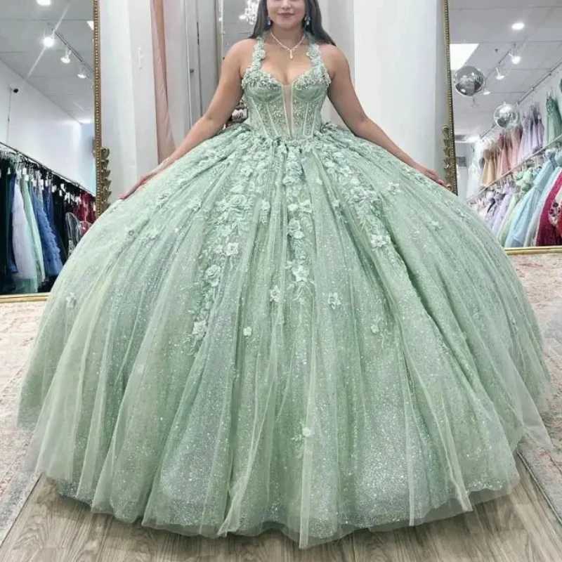 Mint Green Shiny Quinceanera Dresses Ball Gown 3D Flowers Appliques Lace Beading Crystal Tull Sweet 16 Birthday Party Vestido De