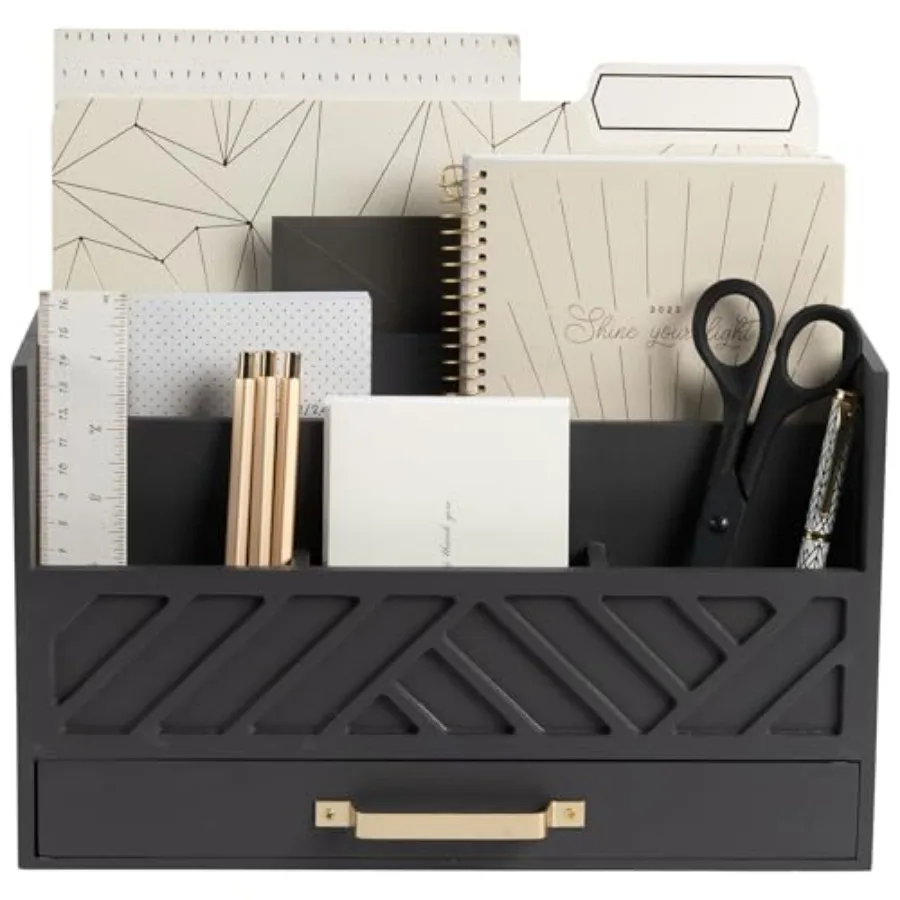

Wooden Mail Organizer with Drawer Gold Handle Mail Sorter Organizer Countertop and Outgoing Mail Holder Tabletop Organizer with