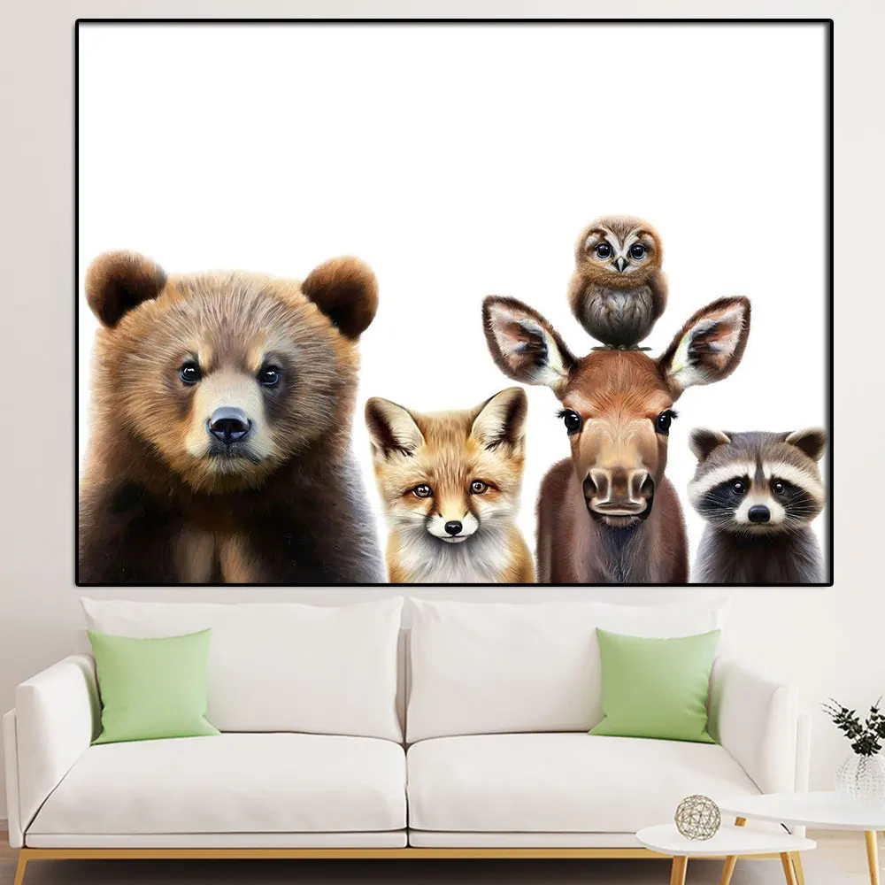 Canvas Painting Woodland Animals Bear Raccoon Moose Owl Poster And Print Cute Animal Wall Picture For Home Room Decor Cuadros