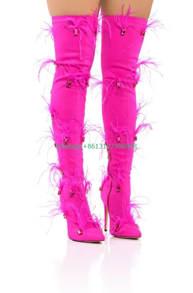 Lady fuchsia color rhinestone deisgn boots over the knee sexy dance party dress boots pointed toe boots stiletto heel boots 46