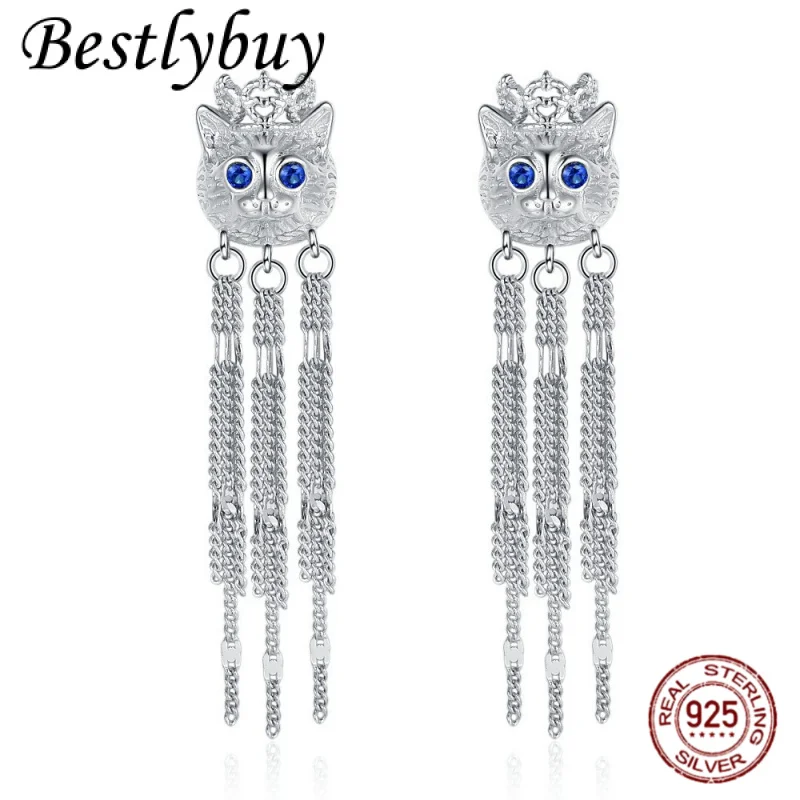 

Authentic S925 Sterling Silver Cute Cat Chain Tasse Long Earrings For Women Personalized Inlaid Zircon Fashion Jewelry