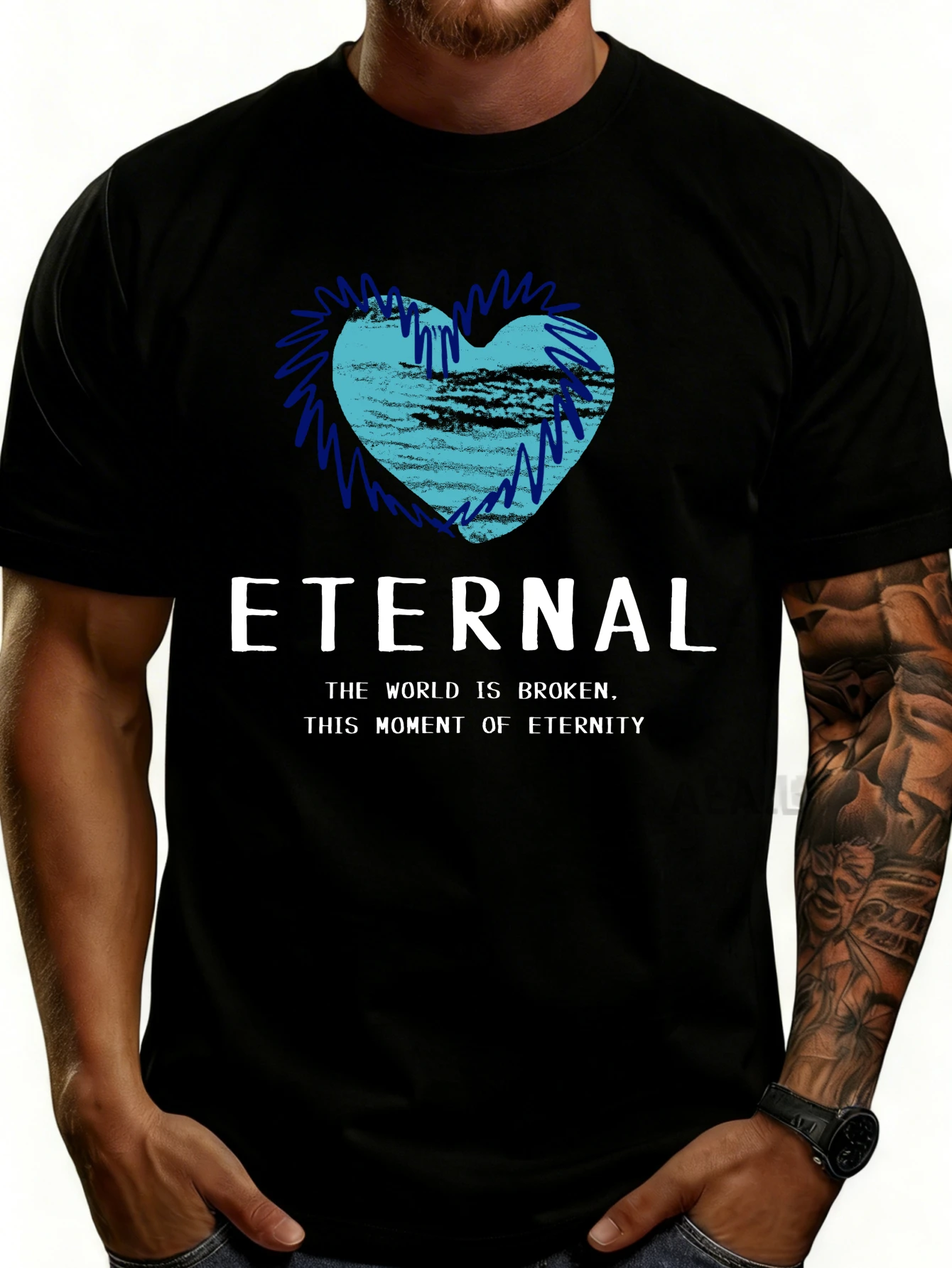 Men's Plain Graphic T-Shirt - Breathable, Soft, Lightweight - Heart-Shaped Ocean Waves Eternal Text - Vintage Fun Graphic Casual Short Sleeve Summer Top, Gift for Him