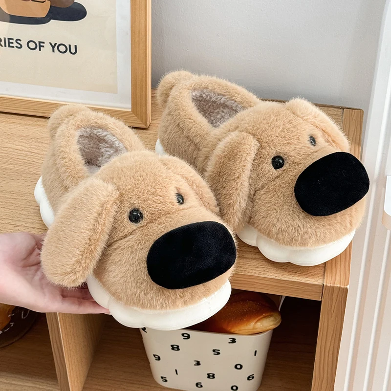 Winter Warm 3D Dog Cartoon Women Plush Slippers Thick Furry Ankle Wrap Men Lady Couple Home Cotton Shoes