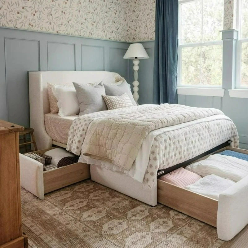 

fabric bed simple high backrest storage bed and breakfast small master bedroom double cotton and linen Nordic French bed