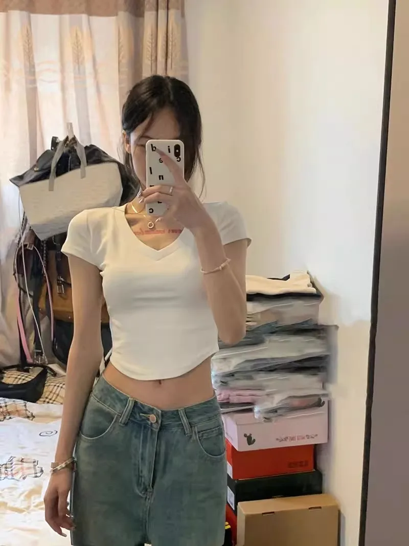 92er Baumwolle ort Sve T-Shirt Damen Slim Fit Hohe Taille Schlankheits Ins Unregelmäßiges kleines ence Top V-Ausschnitt Sommer dünn