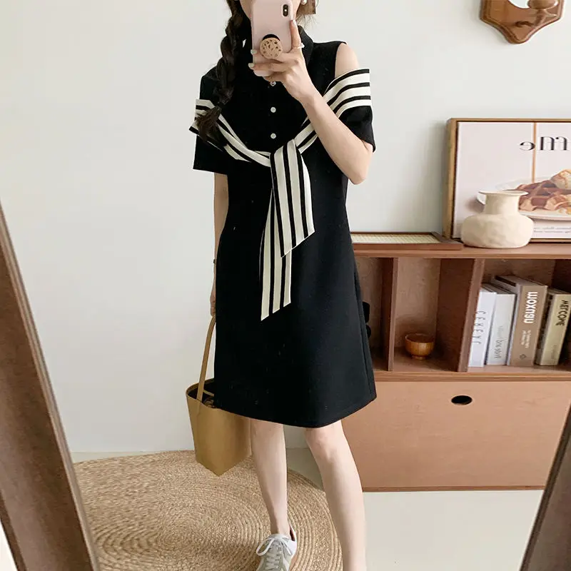 

Female Clothing Korean Striped Shawl Midi Dress Polo-Neck Stylish Off Shoulder Summer Casual Basic Spliced Short Sleeve Dresses