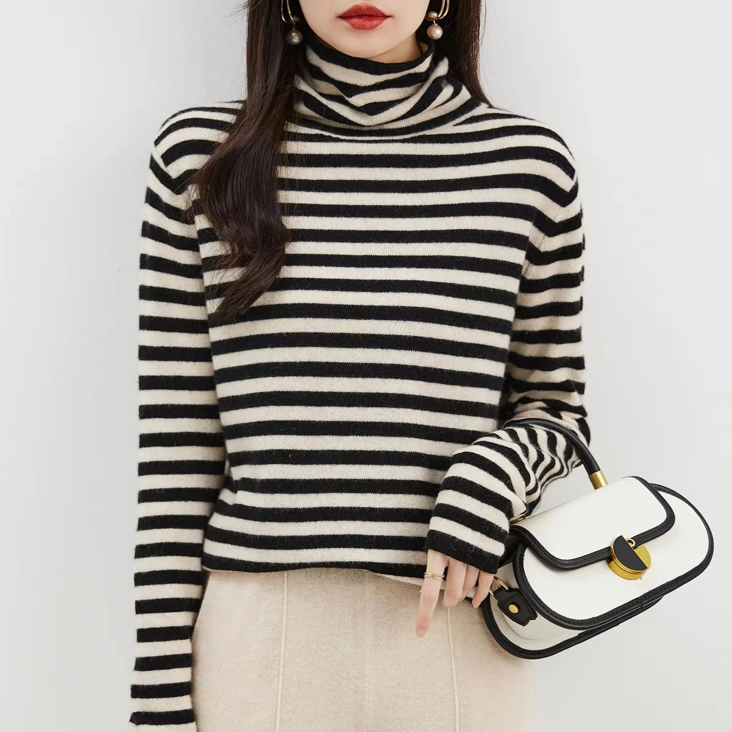 

EU Size 100% Merino Wool Women's Sweater Fall Winter Turtleneck Knit Pullover Warm Soft Tops Long Sleeve Stripe Knitted Sweaters