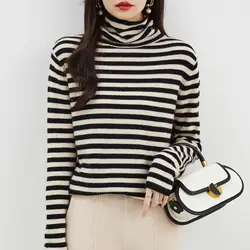 EU Size 100% Merino Wool Women's Sweater Fall Winter Turtleneck Knit Pullover Warm Soft Tops Long Sleeve Stripe Knitted Sweaters