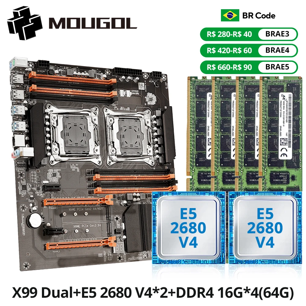 Conjunto de placa-mãe para jogos MOUGOl X99 Dual CPU lntel Xeon E5 2680 V4 e DDR4 64GB (4*16GB) LGA2011-3 M.2 NVME para host de computador de servidor