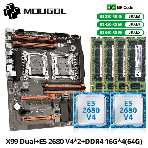 MOUGOl X99 Dual CPU Gaming Motherboard Set lntel Xeon E5 2680 V4&DDR4 64GB (4*16GB) LGA2011-3 M.2 NVME for Server Computer Host