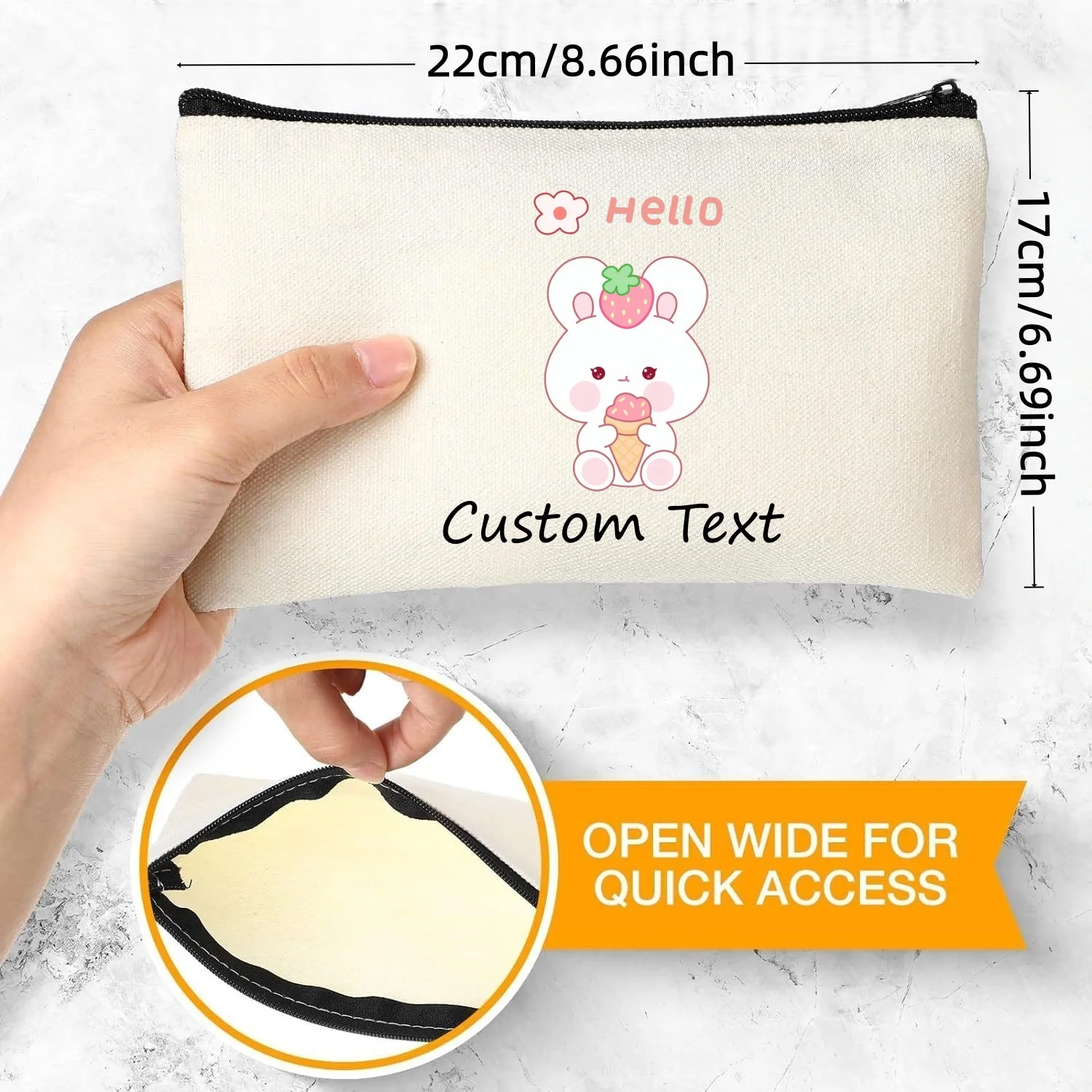 1PC Custom Text Hello Ice‑Cream Strawberry Bunny Cosmetic Bag Personalized Canvas Zipper Makeup Pouch
