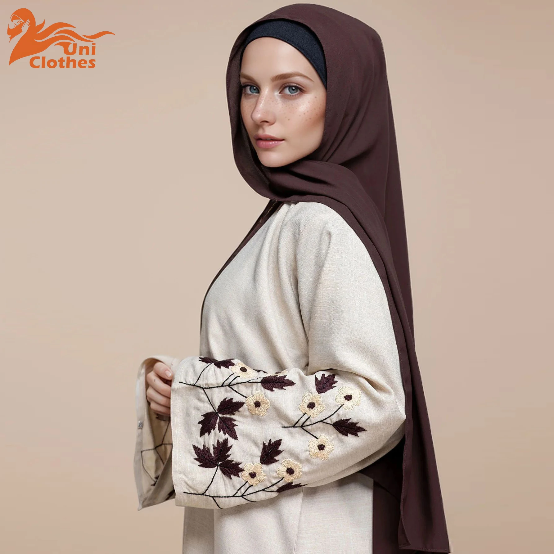 

UNI Apricot Muslim Open Abaya Boasting Exquisite Floral Cuff Embroidery Blending Timeless Elegance Fashion Ramadan Islamic