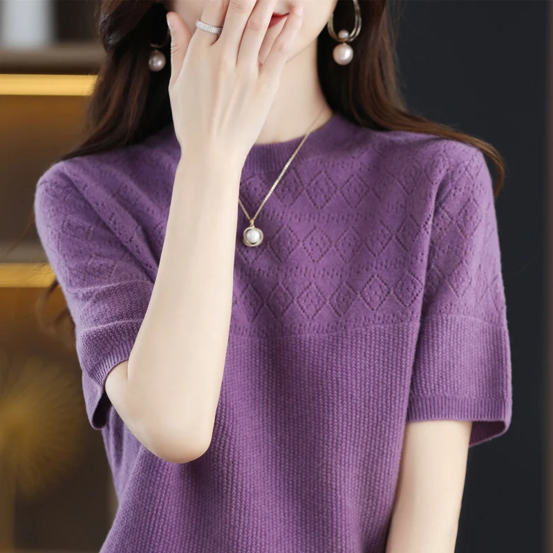 2023 Summer New Women\'s Short Sleeve Round Neck Knit Pullover Casual Hollow Out Sweater Short Sleeve Loose Fashion T-shirt Top