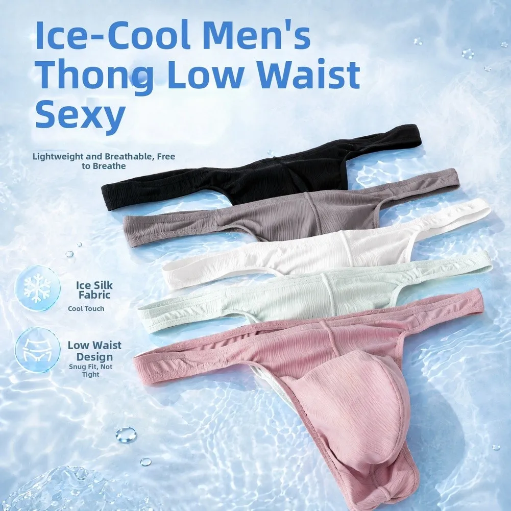 Simple Solid Color Men Ice Silk Sexy G-string U Convex Pouch Classic Basic Underwear Thong Elastic Briefs Male