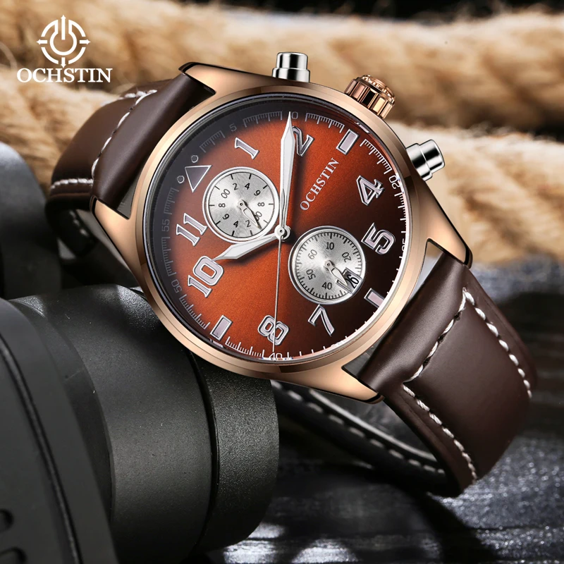 Ochstin Top Brand Multifunctional Quartz Watch Leather Strap Mineral Hardened Galss 30 Meters Life Waterproof Watches